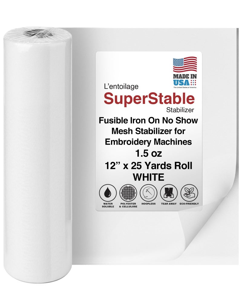 Superpunch Fusible Iron On No Show Mesh Embroidery Stabilizer, 1.5 Oz Lightweight Fuse Embroidery Backing Stabilizer-12 Inch x 25 Yard, SuperStable White Stabilizer for Embroidery Machine, Made In USA - Image 1
